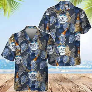 Busch Light Palm Leaves Hawaiian Button Up Shirt, Mens Beach Vacation Outfit, Funny Drinking Shirt, Summer Party Top