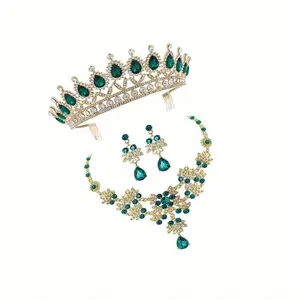BeautyDAO 1 Set Unique Bride Crown Necklace Earring Set Elegant Jewelry Wedding Dress Accessories Costume Accessory for Women Female (Green) You deserve it