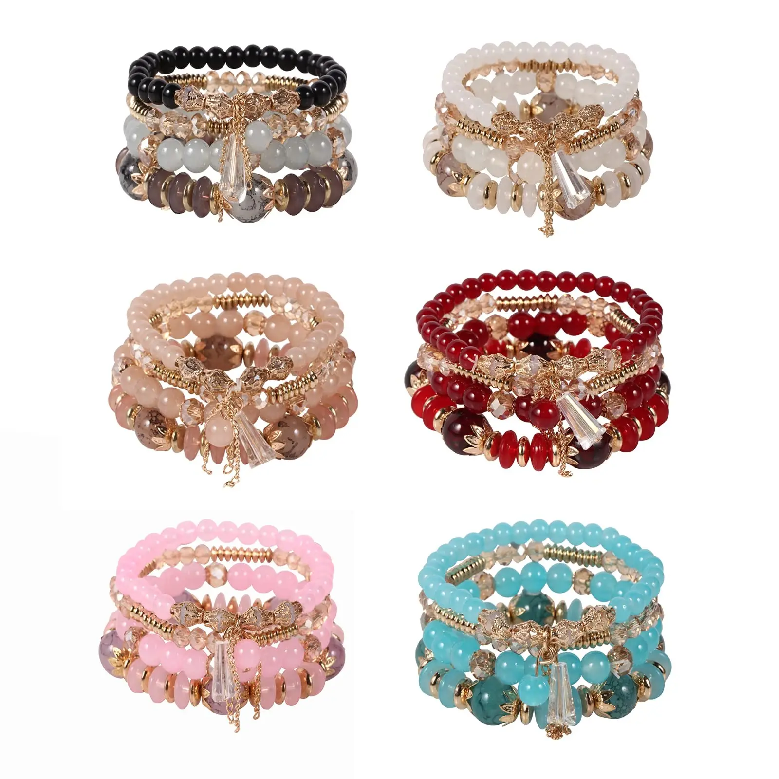 Bohemian Bracelet Set for Women, 6 Piece Multicolor Handmade Stacking Bangles, Stretch Acrylic Beaded Jewelry, Multicolor Stackable Bracelets