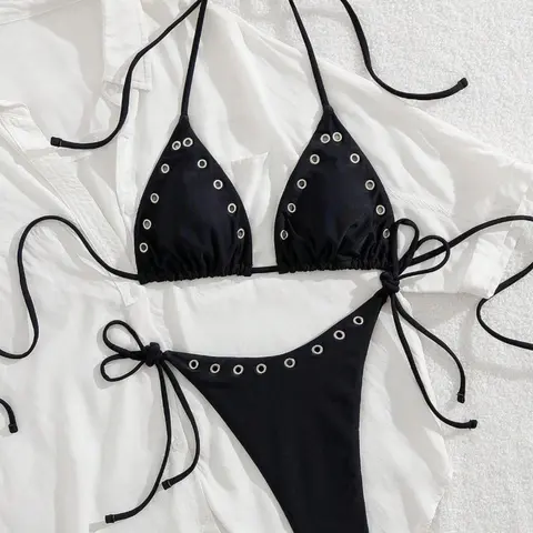 New Metal Eyelets Plain Halter Bikini Set, Women's 2-Piece Summer Swimwear, Perfect Beach Wear, Bikini Beachwear