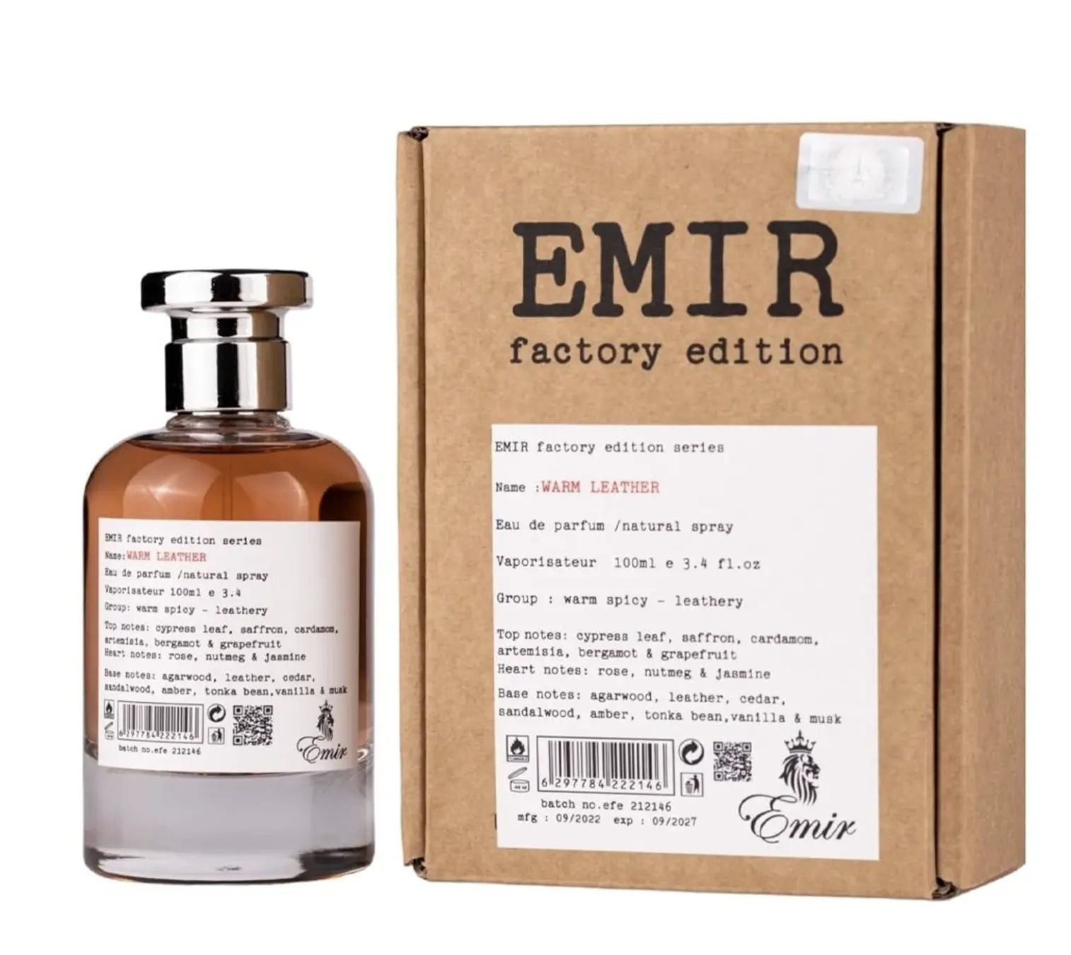 Paris Corner Emir Factory Edition Warm Leather Eau de Parfum Spray Bottle, 3.4 oz - Spicy Modern Unisex Fragrance with Cardamom, Oud, Sandalwood, Vanilla & Cream, Amber Scent