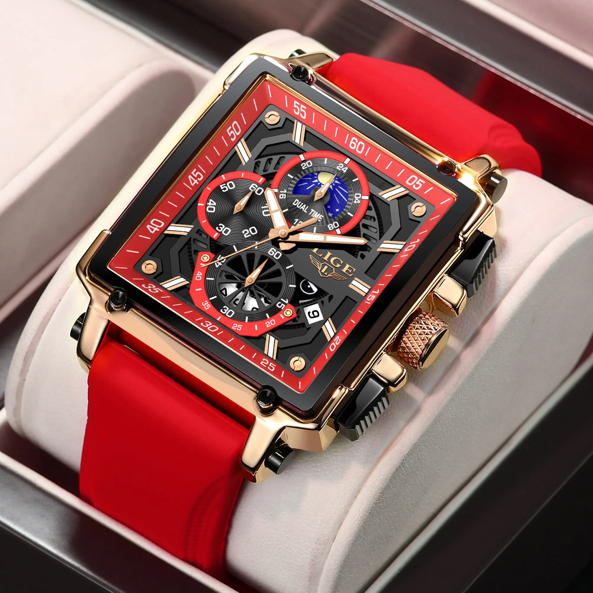 LIGE Men's 40mm Square Face Skeleton Quartz Analog Watch - Alloy Case, Silicone Strap Buckle Closure, <30M Waterproof, Multi-Function Sport Design, Sapphire Crystal Glass, Luminous Display, Moon-Phase Feature, Skeleton Dial, Men's Accessories, Analog Quar