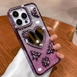 Rhinestone Decor Phone Case with Mirror, Glitter Smartphone Phone Protective Cover, Phone Accessory Compatible with iPhone 16Pro 15Pro 14Pro Max 13 12 11Pro Max, Protection, Casing
