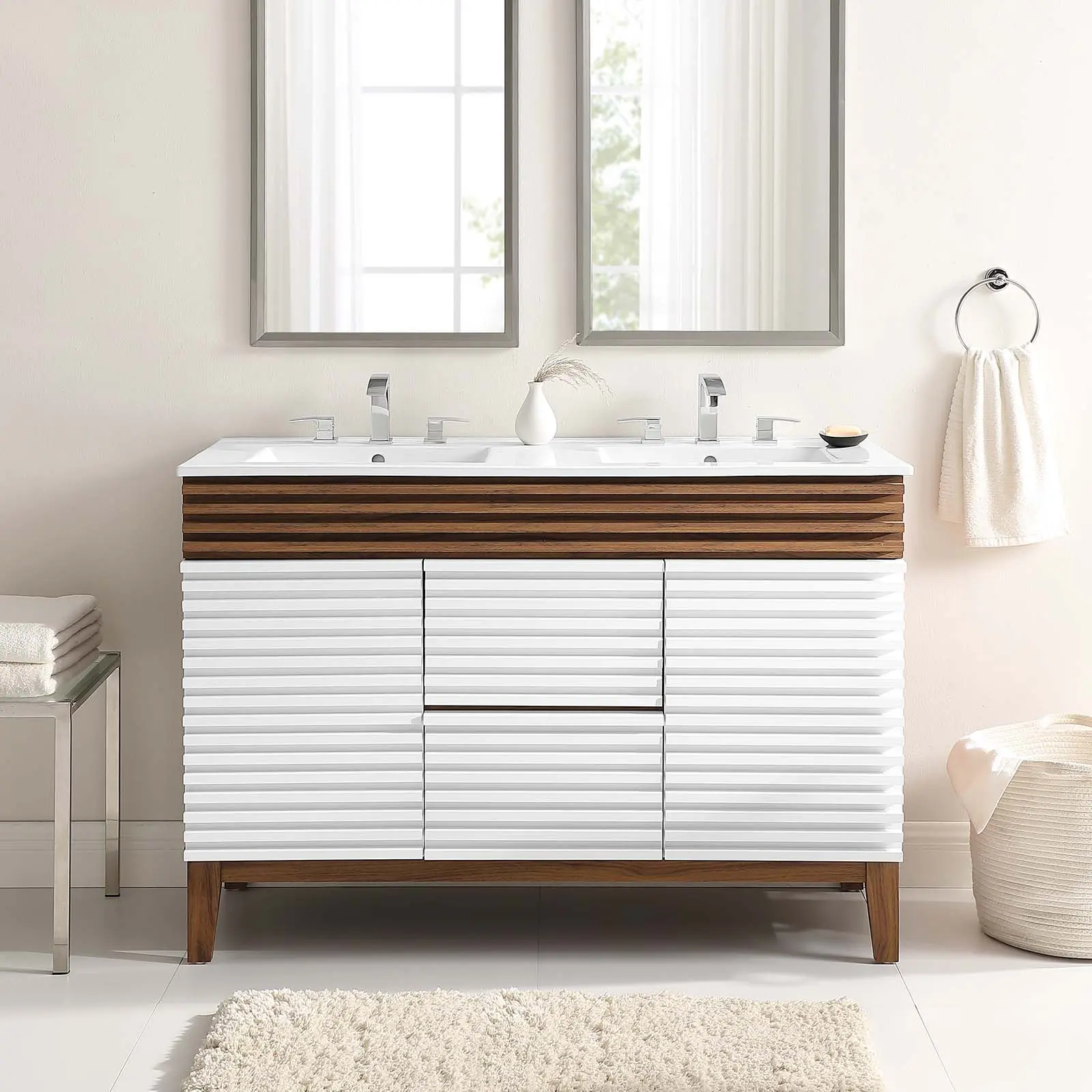 Modway Render 48-Inch Double Sink Bathroom Vanity, Mid Century Modern Retro Modern Style, White Walnut Finish, Assembly Required, 48 Inches
