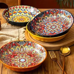 Bohemian Ceramic Pasta Bowls Set of 4, 8in Deep Round Serving Plates Oven Microwave Safe for Salad Pasta Family Dining Party Tableware