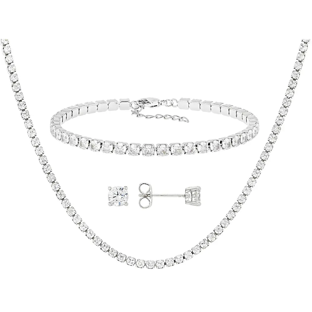 Elegant 3-Piece Tennis Jewelry Set for Adults - Unisex Rhodium Brass Set with 15.86ctw White Cubic Zirconia (White Diamond Alternative) Necklace, Tennis Bracelet & Studs, Elegant Jewelry Set, Matching Jewelry Set
