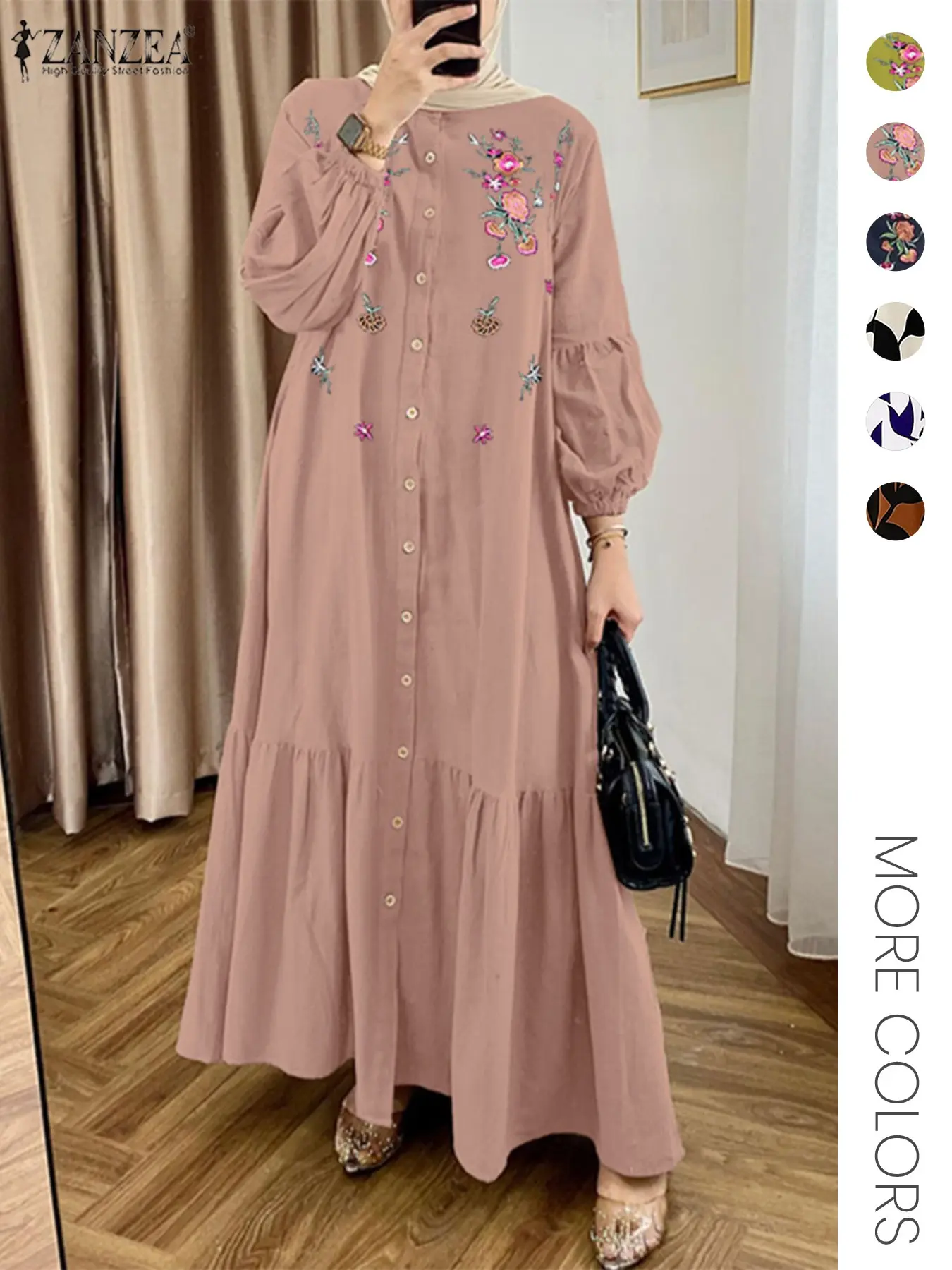 Women's Floral Embroidery Button Front Ruffle Trim Dress, Elegant Bishop Long Sleeve Round Neck Dress for Party Holiday Wedding Guest Gown, Ladies Spring & Fall Clothes, Womenswear, Dresses For Wedding