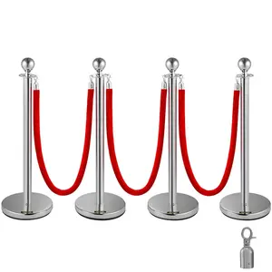 VEVOR Crowd Control Stanchion, Set of 4 Pieces Silver Stanchion Set, Stanchion Set with 5 ft/1.5 m Red Velvet Rope, Crowd Control Barrier