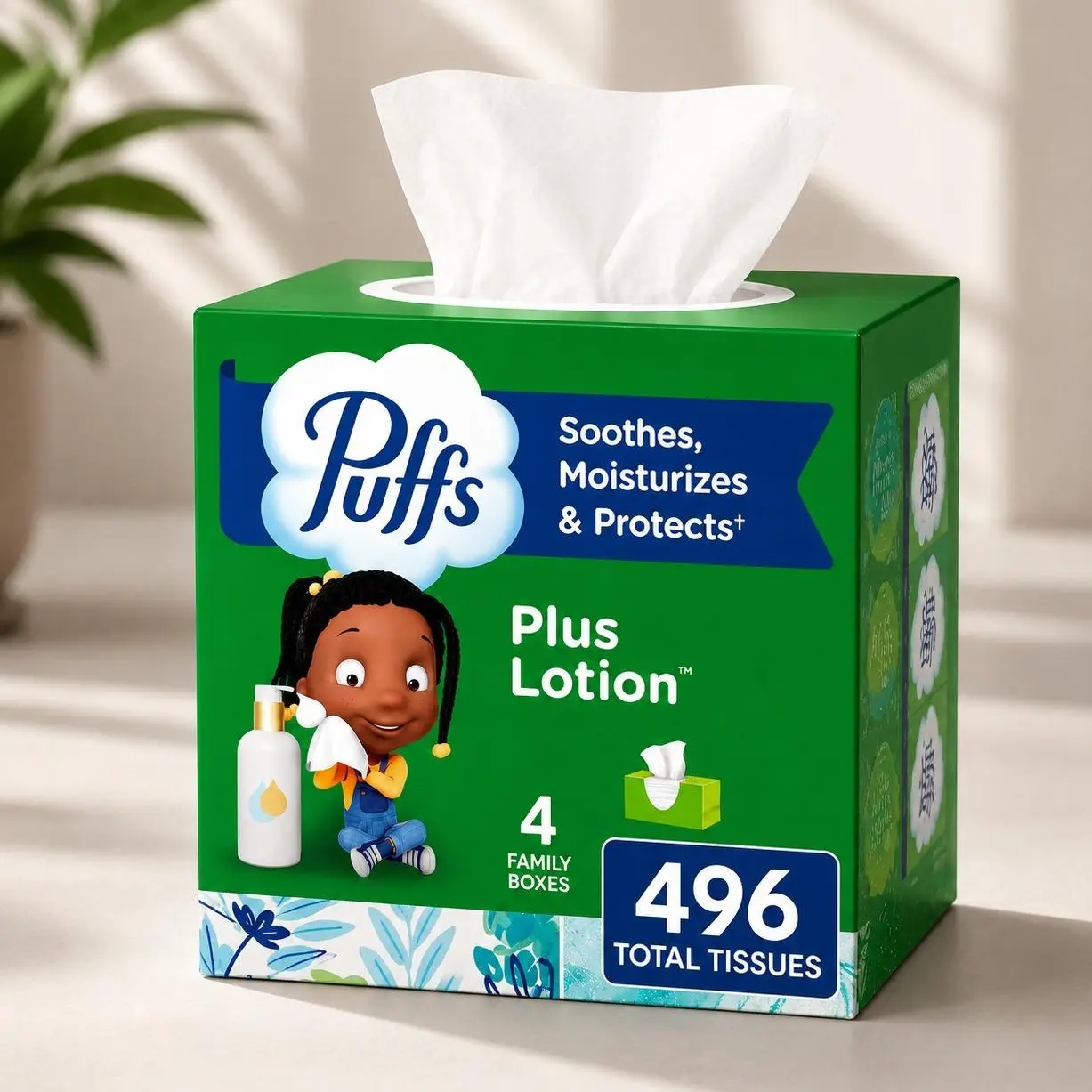 Puffs Plus Lotion Facial Tissues, 4 Family Boxes, 124 tissues per box