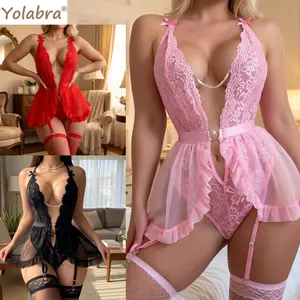Women Plus Size Jumpsuit Lingerie Lace See Through Mesh Suspender Skirt Exposed Breast Design Alluring Seduction Style Soft Stretchy Breathable Fabric Comfortable Slim Fit Eye Catching Nightwear Bedroom Wear Romantic Occasions