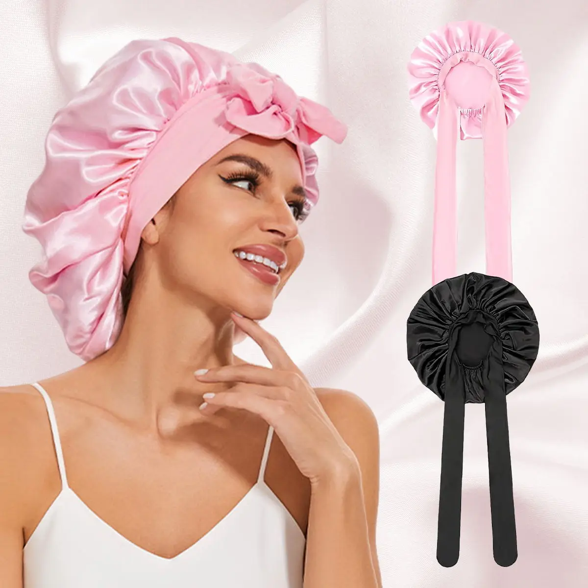 Women's Reversible Silk Satin Hair Bonnet 2-Pack, Heatless Adjustable Double-Layer Sleep Cap for Curly Hair, Haircare (Black & Pink)