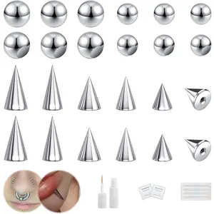 24Pcs Fake Nose Lip Labret Studs Eyebrow Rings, 3mm 4mm Replacement Balls Long Spike Cone with Eyelash Glue, Non-Piercing Body Jewelry Fake Skin Piercing