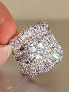 Classic Artificial Zircon Ring Cubic Zirconia Rings for Women, Wedding Engagement Anniversary Party Accessory Gift, Synthetic Zircon Rings, Copper Chain Style, All Seasons Wear