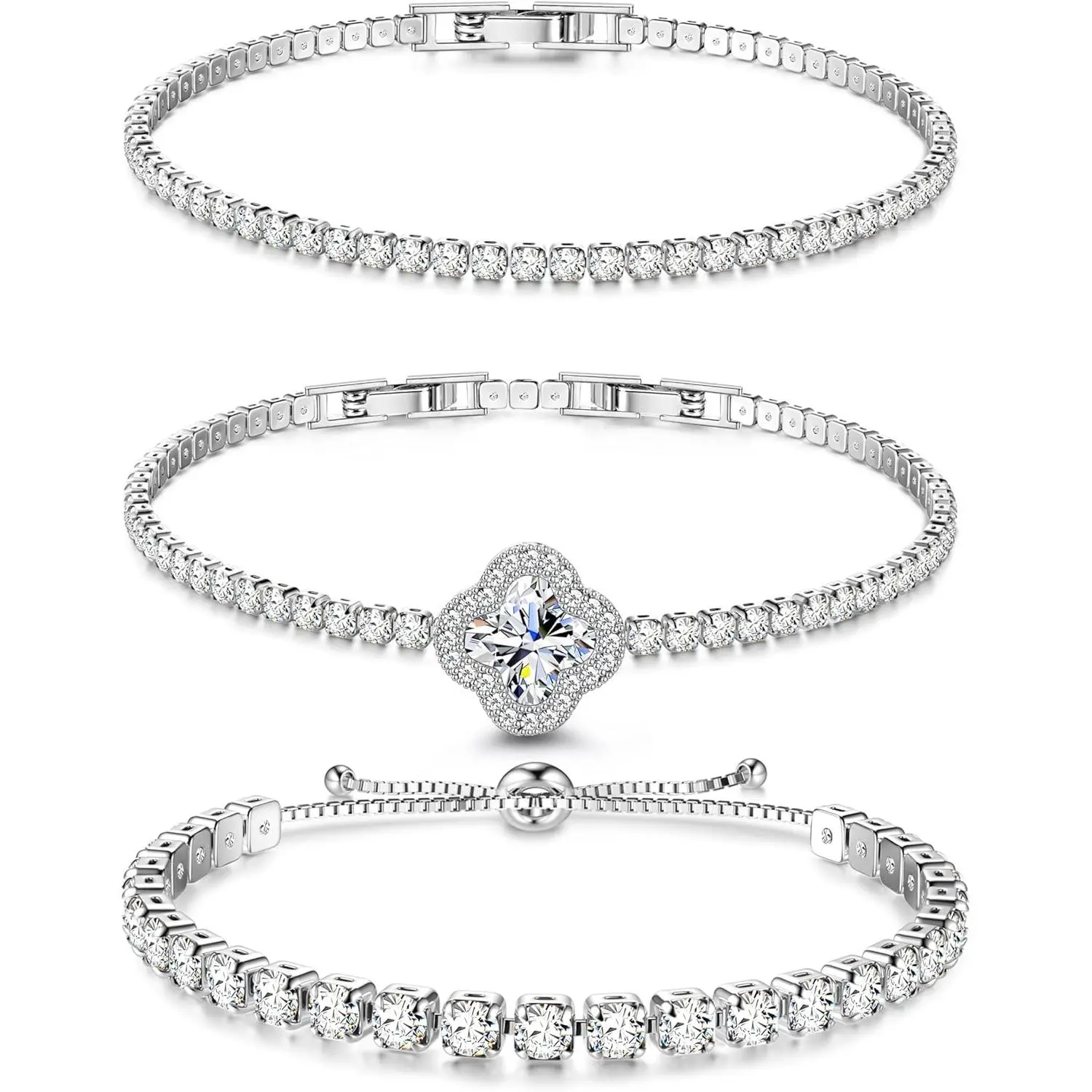 CASSIECA 3-Piece Silver Tennis Bracelets for Women, Multiple Styles Rhinestone Crystal Cubic Zirconia Sparkling Bracelets, Ideal for Christmas Birthday Gifts SummerVibes, Rhinestone Bracelet, Stackable Bracelet