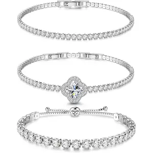 CASSIECA 3-Piece Silver Tennis Bracelets for Women, Multiple Styles Rhinestone Crystal Cubic Zirconia Sparkling Bracelets, Ideal for Christmas Birthday Gifts SummerVibes