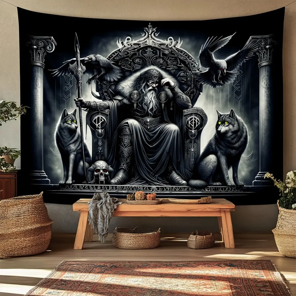1pc Patterned Synthetic Polyester Norse God Odin Tapestry - Lightweight 2D Flat Wall Hanging Art Decor with Animal Ravens, Wolves, Machine Washable for Indoors, Office