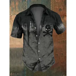 Summer Short Sleeve Polyester Blend Shirt - Men's Casual Skull Print Button-Up for Parties & Outdoor Events