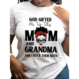 Women's Casual Round Neck T-Shirt with "God Gifted Me Two Titles Mom and Grandma" Print Short Sleeve Medium Length All Seasons Cotton Top Sweatshirt