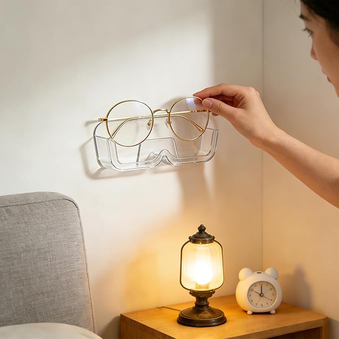 3pack Wall-Mounted Glasses Holder Stand - Adhesive Eyeglasses Organizer for Nightstand, Reading Glasses, and Sunglasses - Clear