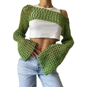 Women Mesh Crochet Crop Top Long Sleeve Hollow Out Cropped Knit Sweater Bikini Beach See Through Cover Ups Can be used with a raincoat