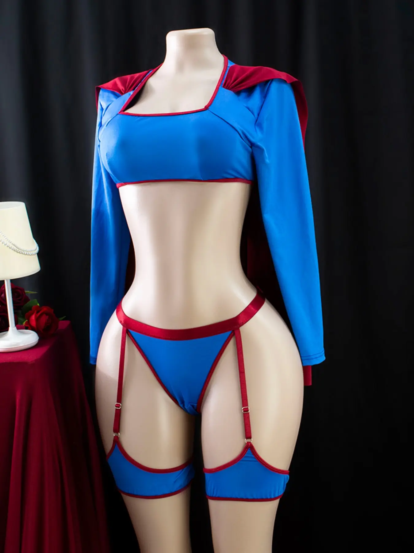 Women's Superman Cosplay Costume Set, Underwear, Long Sleeve Top Bralette,  Thong Panties, Cape, Silky Stretchy, Comfortable, Perfect for Parties,  Valentine's Day Gift