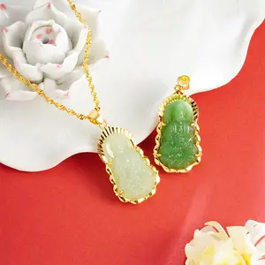 Vintage Oil Green Ice Green Gold Plated Inlaid Jade Guanyin Buddha Necklace with Adjustable Stainless Steel Chain for Friendship Ideal as Jewelry Gift