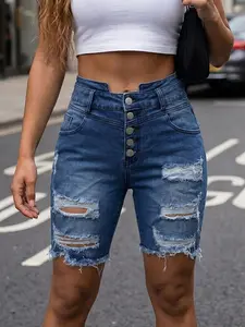 Women's Summer Denim Jeans Elastic Ripped Mid-Thigh Pants, Fitted Casual Style, Perfect for Daily Wear & Comfortable Fit