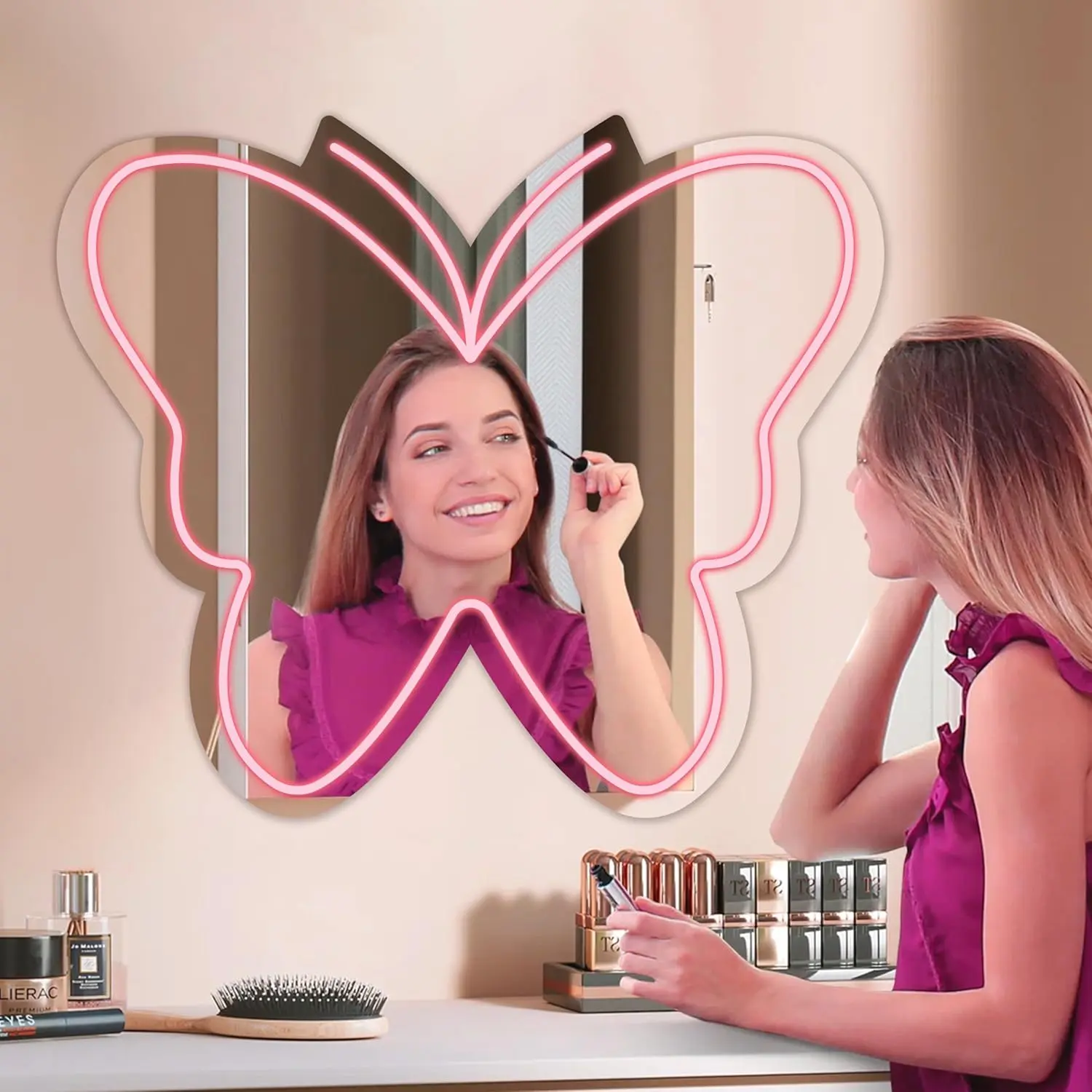 1PC Dimmable Cute Butterfly Neon Light Mirror - Durable Novelty Lighting, Wall Mount Shelf Accessory, Girly House Decor for Bedroom/Bathroom, Creative Gift for Teen Girls, Girly House Accessories