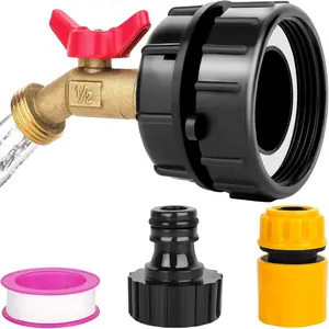IBC Tote Adapter - 275-330 Gallon Tote to Garden Hose Adapter with 2.44" Fine Thread Valve + Brass Hose Faucet + Quick Connector + Plastic Shut-Off Valve