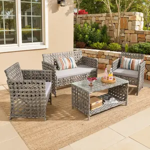4 PCS Outdoor Patio Furniture Set, Rattan chair Sectional Sofa with Cushions & Tempered Glass Table for Garden Lawn Pool Backyard