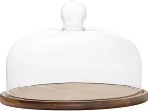 Perco 11 in Rustic Wooden Cake Stand - Wood Base, Glass Dome Lid, Wooden Board Kitchenware Bakeware for Dessert, Cheese Display & Birthday Gifting