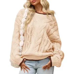 Womens Oversized Sweater Casual Cable Knit Color Block Crewneck Pullover Fall Winter Chunky Trendy Sweaters