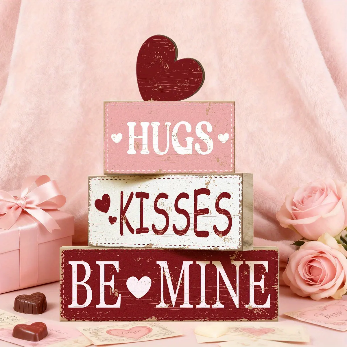 4 Pcs Valentine Decorative Sign & Plaque Happy Valentine Day Wooden Blocks with Hearts, Table Centerpiece, Tiered Tray Decor & Decorative Stacked Blocks for Coffee Table, Fireplace Mantel, Floating Shelf
