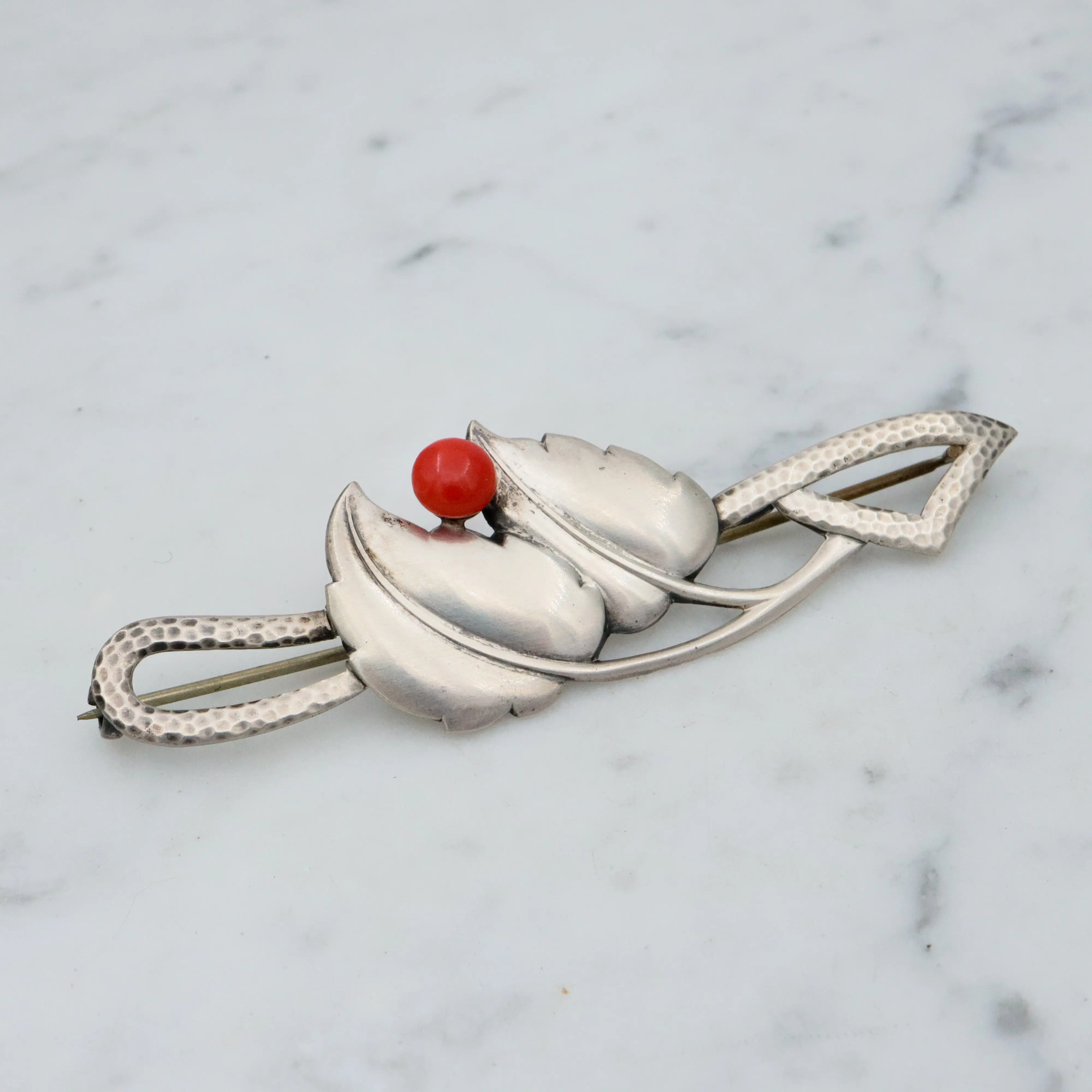 Antique Scandinavian Art Deco sterling coral leaf brooch
