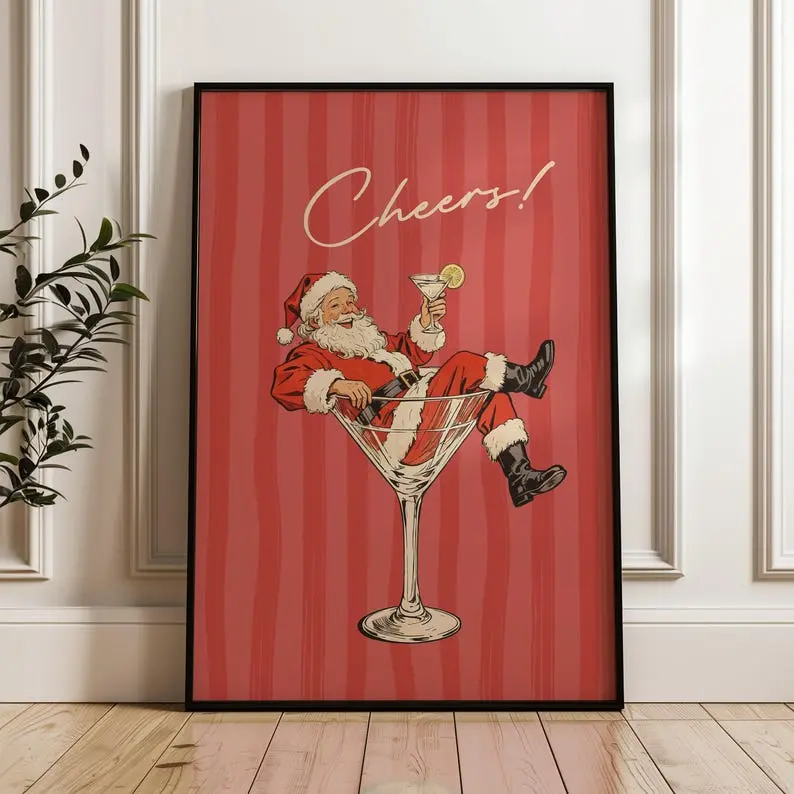 Retro Cheers Santa Claus Poster, Trendy Red Santa Martini Bar Cart Decor, Funny Christmas Wall Art, Vintage Holiday Cocktail Print