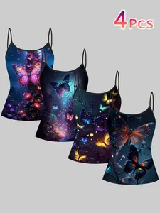 Dark Night Fluorescent Butterfly Print Halter Top, Summer Home Sleepwear Outer Wear, Unique Slim Fit Top Set of Four Pieces