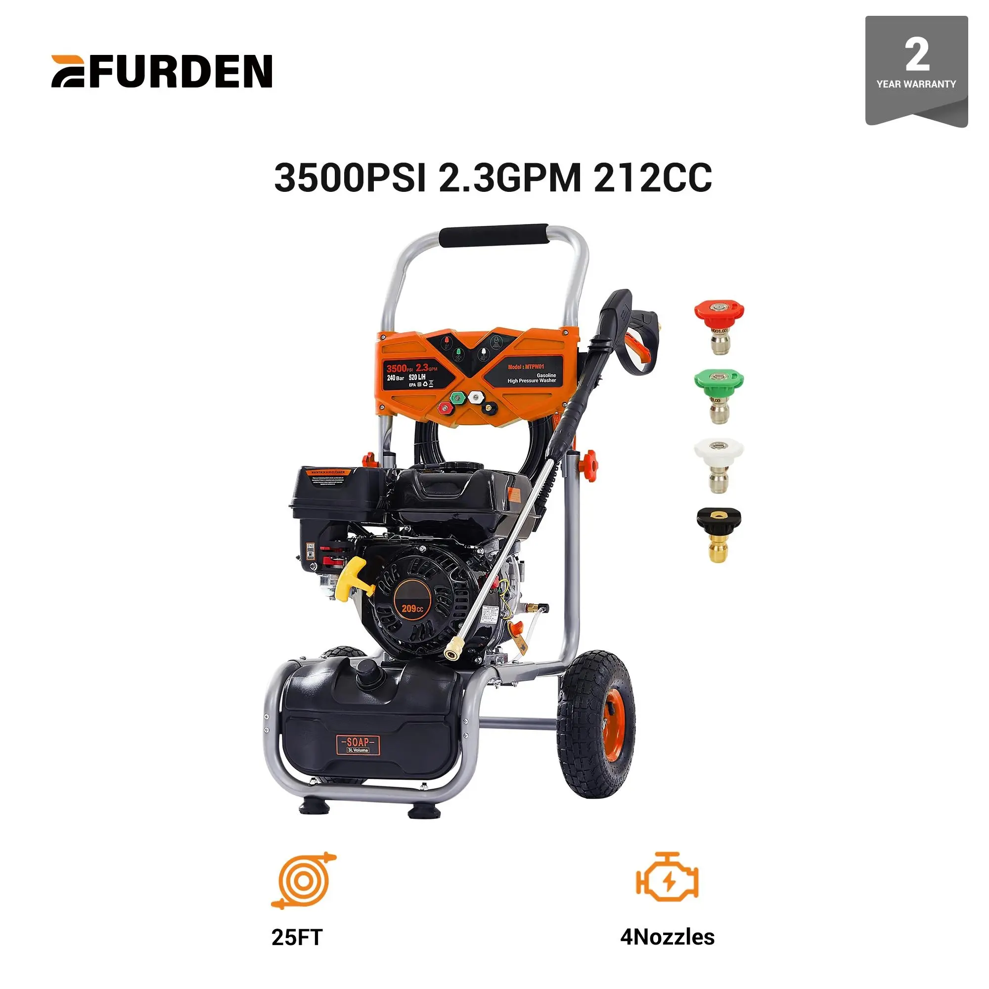 Efurden Gas Powered Pressure Washer 3500 PSI, 2.3 GPM Heavy Duty High Power Washer,212CC 7HP Engine with 25Ft Pressure Hose, Axial Aluminum Pump, Soap Tank, 4 Quick Connect Nozzle