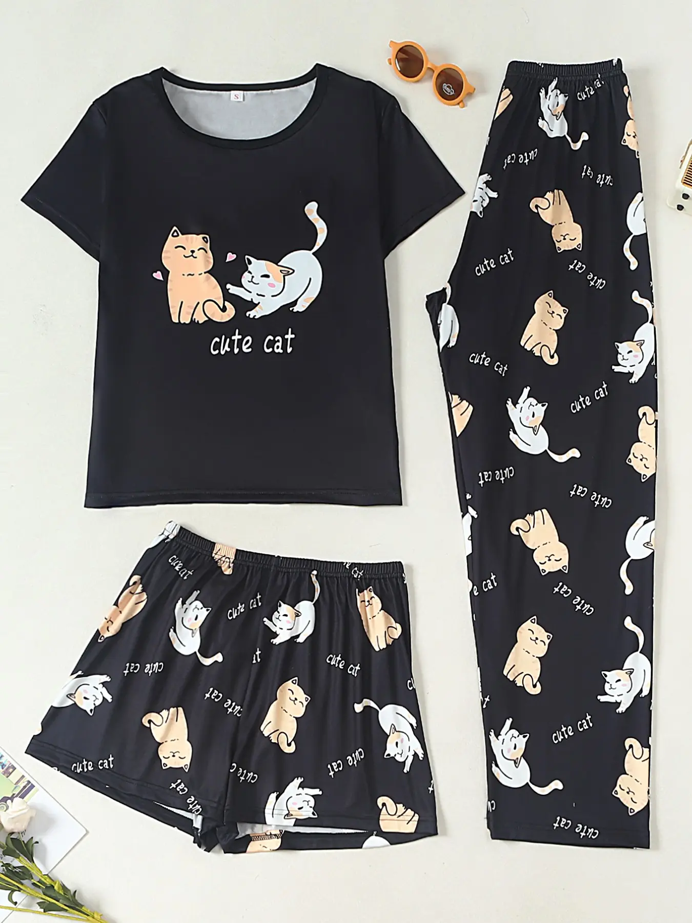 Women's 3-Piece Pajama Set Pjs Pyjamas, Short Sleeve Top + Shorts + Long Pants, Cat Print, Fitted Casual Lightweight Sleepwear Loungewear, Home Sleepwear, All over Print