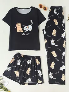 Women's 3-Piece Pajama Set, Short Sleeve Top + Shorts + Long Pants, Cat Print, Fitted Casual Lightweight Sleepwear Loungewear, All over Print
