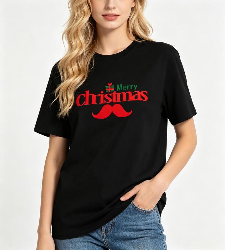 Women's Merry Christmas Santa Mustache Beard Graphic T-Shirt - Black, Red, Green, Short Sleeve Tops, Crew Neck, Fitted Cut, Lightweight, Funny Holiday Casual Tee #sohochic