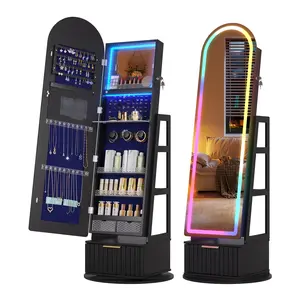 Miuvanity 3-in-1 360 Swivel Jewelry Cabinet with LEDLight, Lockable Jewelry Mirror Cabinet, Standing Jewelry Armoire, Frameless Full-Length Mirror, 3 Storage Shelves,Gift Idea, Mirror with storage