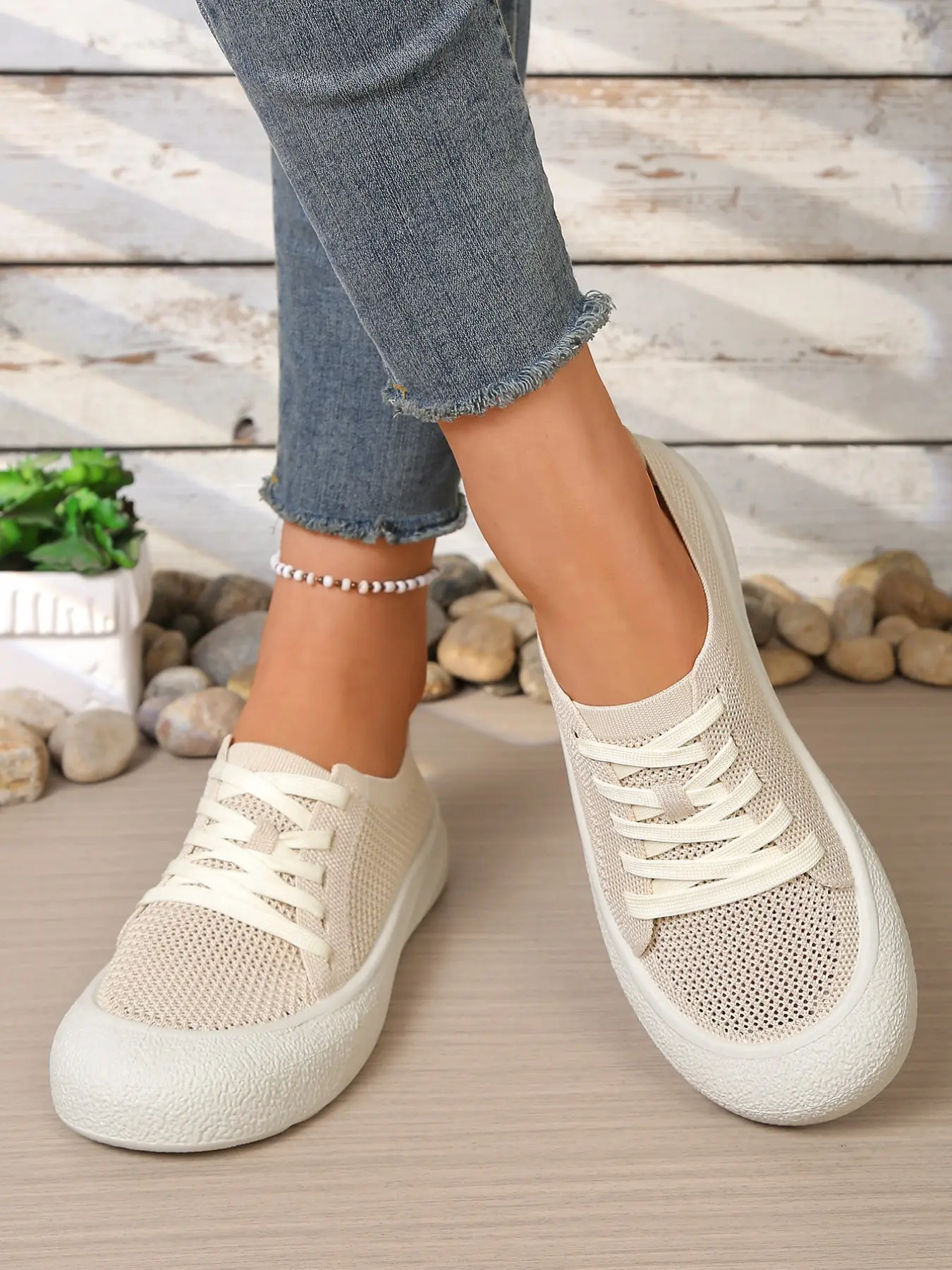 Women's Breathable Mesh Knit Casual Trendy Walking Shoes, Lightweight Soft Sole Lace-Up Canvas Sneakers, Soft Soled Shoes, Summer Thin Shoes for Women
