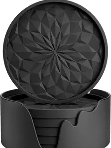 Silicone Coasters with Holder,[6 Pack] Drinking Coasters - Cup Mat for Hot or Cold Drinks, Thickened, Non-Slip, Non-Stick,Deep Tray Black