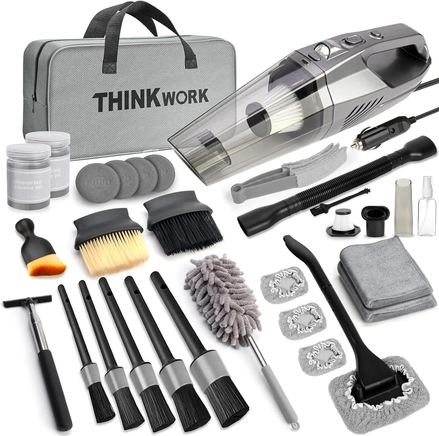 THINKWORK Car Cleaning Kit, Car Vacuum Kit, Car Detailing Kit Interior Cleaner, Gray Car Interior Cleaning Kit forA Men and Women Tool Brush