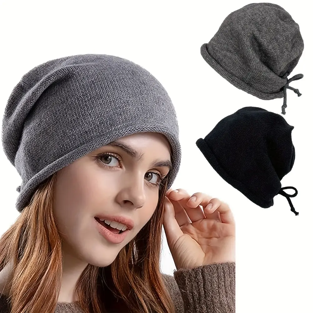 Women's Winter Knit Beanie Hat, Warm Fashionable Street Style, Unisex Sports Cap with Drawstring, Solid Color Korean-Style Beanies