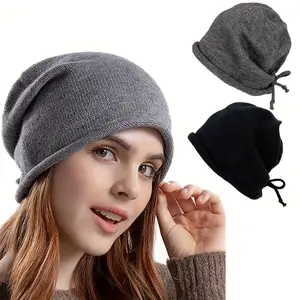 Women's Winter Knit Beanie Hat, Warm Fashionable Street Style, Unisex Sports Cap with Drawstring, Solid Color Korean-Style Beanies