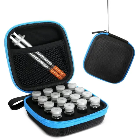 16-Slots Foam Vial Organizer - Rectangular Sealable Storage Box, Custom-Cut Foam Inserts Stop Rattling, Lightweight Compact, Mesh Pocket, Zipper, Freezer-Travel Safe for 1-3ml/16*3ml Vials, Diabetic Supplies & Wipes Organizer