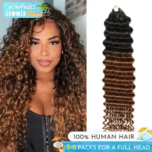 WOWANGEL Deep Wave Feather Crochet Human Hair Extensions 1B/27 Miracle Knots Human Hair Pre-Separated Feather Knotless 1B/4/30 Invisiable With String 100% Human Hair 5Pack Lightweight & Reusable For Women Easy Braiding