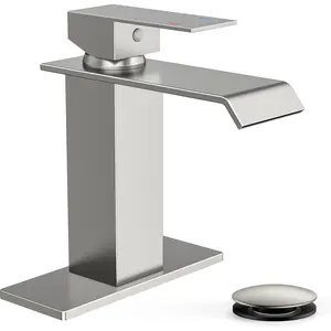 Bathroom Faucet Brushd Nickel Modern Waterfall Bathroom Sink Faucet 1 or 3 Hole Single Handle with Deck Plate and Drain, Suitable for  Rv Camper Commerical