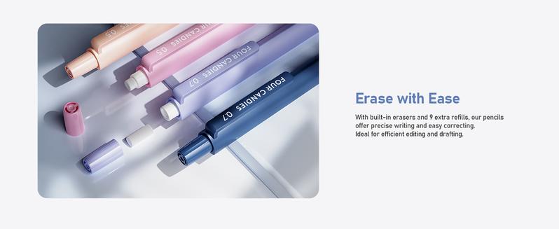 Four Candies Back to School Mechanical Pencil Set with 0.5/0.7/0.9/0.5 & 0.7/2.0mm Lead Refills HB & 2B Pastel Erasers 29-Count Pack with Case Cute Aesthetic School Supplies for Writing Drawing Sketching Art Materials